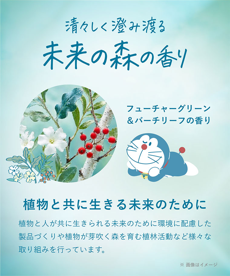 清々しく澄み渡る未来の森の香り。フューチャーグリーン&バーチリーフの香り。植物と共に生きる未来のために。植物と人が共に生きられる未来のために環境に配慮した製品づくりや植物が芽吹く森を育む植林活動など様々な取り組みを行っています。