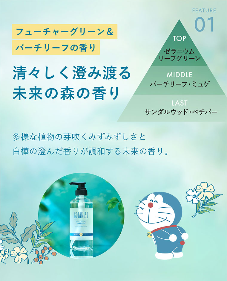 FEATURE 01。フューチャーグリーン&バーチリーフの香り。清々しく澄み渡る未来の森の香り。多様な植物の芽吹くみずみずしさと白樺の澄んだ香りが調和する未来の香り。図(本画像をご確認ください)。