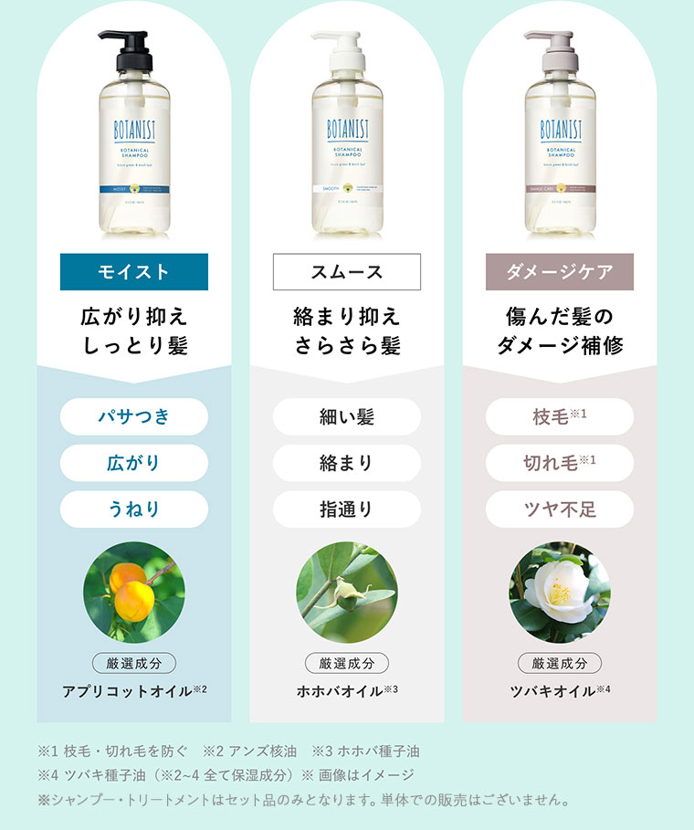 モイスト。広がり抑えしっとり髪。パサつき、広がり、うねり。厳選成分、アプリコットオイル。スムース。絡まり抑えさらさら髪。細い髪、絡まり、指通り。厳選成分、ホホバオイル。ダメージケア。傷んだ髪のダメージ補修。枝毛、切れ毛、ツヤ不足。厳選成分、ツバキオイル。注釈(詳細は本画像をご確認ください)。