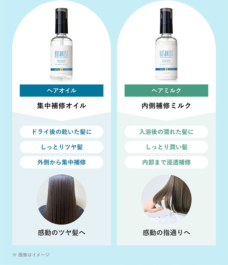 ヘアオイル。集中補修オイル。ドライ後の乾いた髪に。しっとりツヤ髪。外側から集中補修。感動のツヤ髪へ。ヘアミルク。内側補修ミルク。入浴後の濡れた髪に。しっとり潤い髪。内部まで浸透補修。感動の指通りへ。