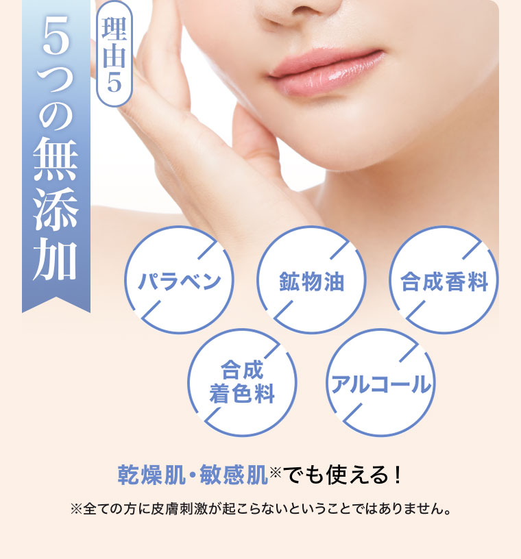 理由5、5つの無添加。パラベン、鉱物油、合成香料、合成着色料、アルコール。乾燥肌・敏感肌でも使える!注釈(詳細は本画像をご確認ください)。