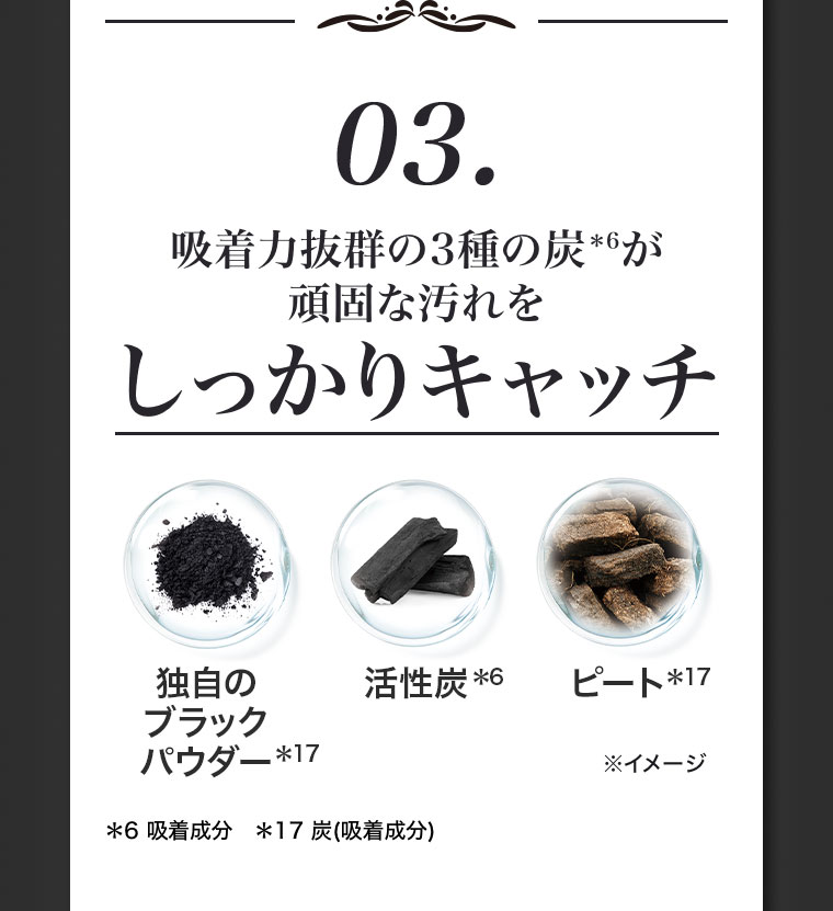 03.吸着力抜群の3種の炭が頑固な汚れをしっかりキャッチ。独自のブラックパウダー、活性炭、ピート。注釈(詳細は本画像をご確認ください)。