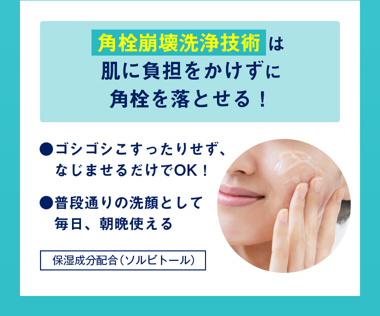 角栓崩壊洗浄技術は肌に負担をかけずに角栓を落とせる！　・ゴシゴシこすったりせず、なじませるだけでOK！ ・普段通りの洗顔として毎日、朝晩使える 保湿成分配合（ソルビトール）