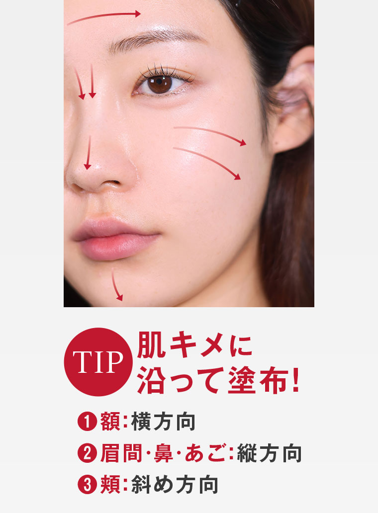 TIP。肌キメに沿って塗布！1額 横方向。2眉間・鼻・あご 縦方向。頬 斜め方向。