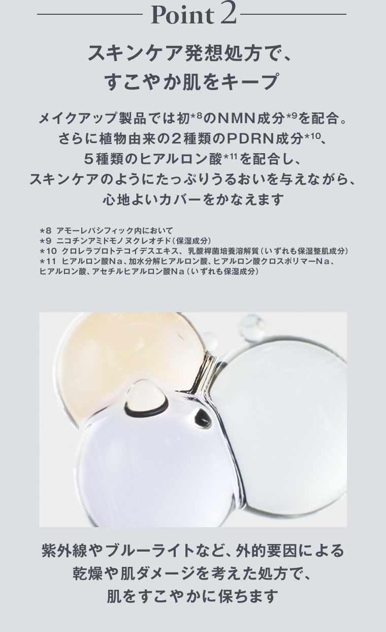 Point 2。スキンケア発想処方で、すこやか肌をキープ。メイクアップ製品では初のNMN成分を配合。さらに植物由来の2種類のPDRN成分、5種類のヒアルロン酸を配合し、スキンケアのようにたっぷりうるおいを与えながら、心地よいカバーをかなえます。注釈(詳細は本画像をご確認ください)。紫外線やブルーライトなど、外的要因による乾燥や肌ダメージを考えた処方で、肌をすこやかに保ちます。