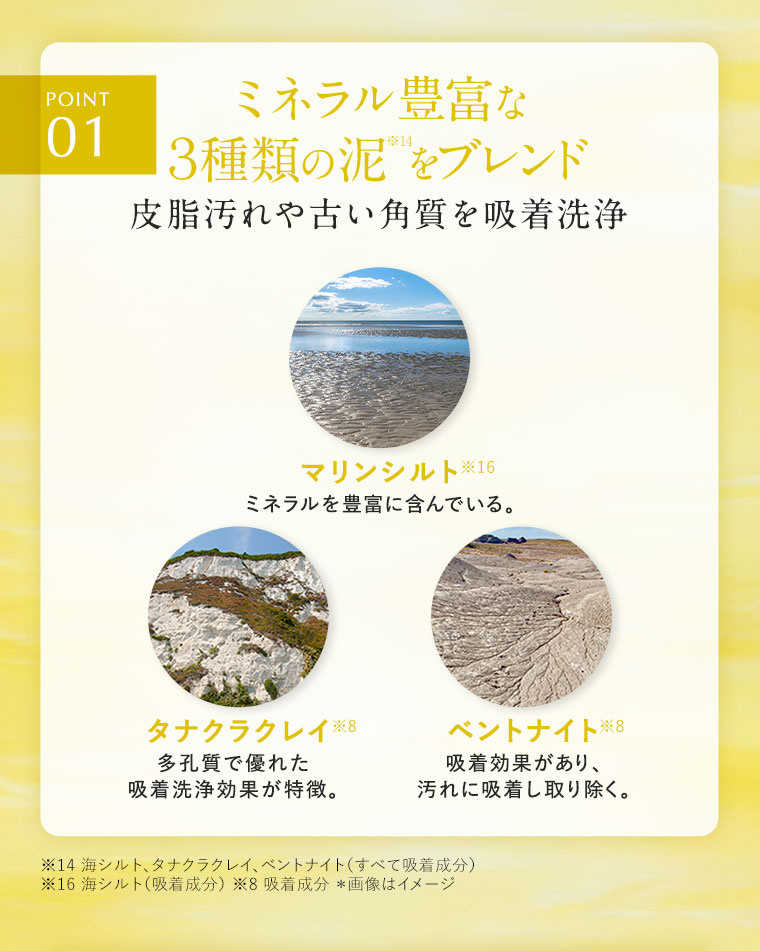 POINT1.ミネラル豊富な3種類の泥をブレンド。皮脂汚れや古い角質を吸着洗浄。マリンシルト、ミネラルを豊富に含んでいる。タナクラクレイ、多孔質で優れた吸着洗浄効果が特徴。ベントナイト、吸着効果があり、汚れに吸着し取り除く。注釈(詳細は本画像をご確認ください)。