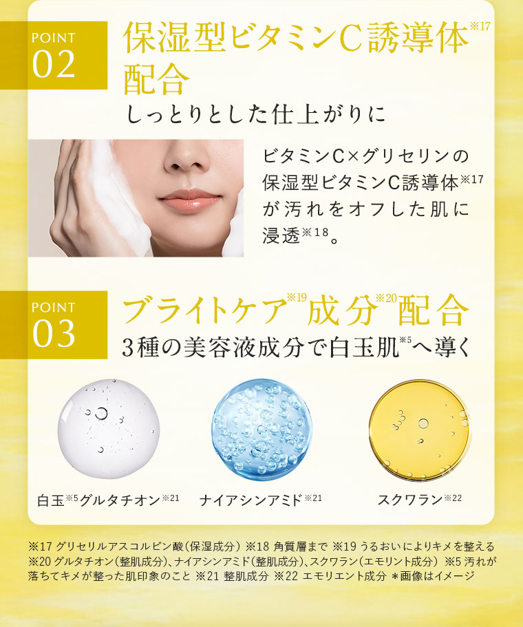 POINT2.保湿型ビタミンC誘導体配合、しっとりとした仕上がりに。ビタミンC×グリセリンの保湿型ビタミンC誘導体が汚れをオフした肌に浸透。POINT3.ブライトケア成分配合、3種の美容液成分で白玉肌へ導く。白玉グルタチオン、ナイアシンアミド、スクワラン。注釈(詳細は本画像をご確認ください)。