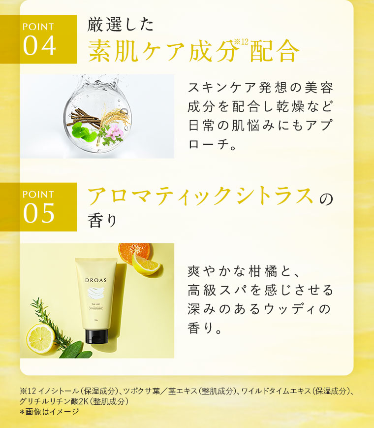 POINT4.厳選した素肌ケア成分配合。スキンケア発想の美容成分を配合し乾燥など日常の肌悩みにもアプローチ。POINT5.アロマティックシトラスの香り。爽やかな柑橘と、高級スパを感じさせる深みのあるウッディの香り。注釈(詳細は本画像をご確認ください)。