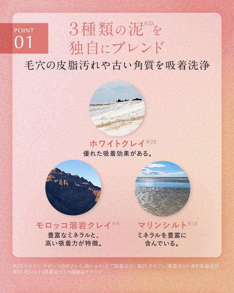POINT1.3種類の泥を独自にブレンド。毛穴の皮脂汚れや古い角質を吸着洗浄。ホワイトクレイ、優れた吸着効果がある。モロッコ溶岩クレイ、豊富なミネラルと、高い吸着力が特徴。マリンシルト、ミネラルを豊富に含んでいる。注釈(詳細は本画像をご確認ください)。