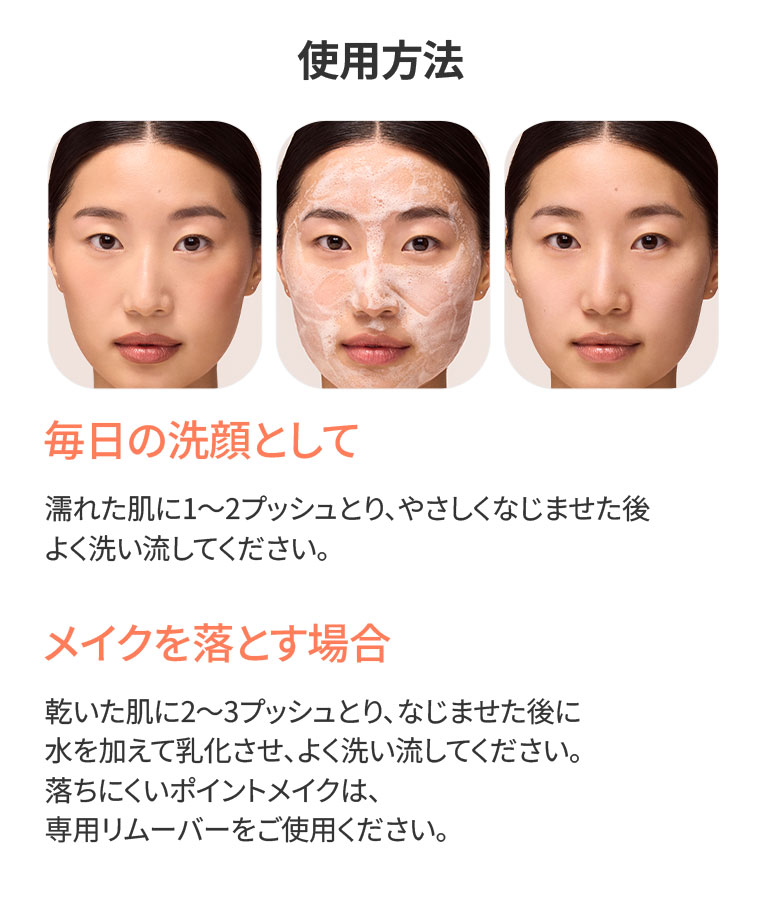 使用方法。毎日の洗顔として。濡れた肌に1〜2プッシュとり、やさしくなじませた後、よく洗い流してください。メイクを落とす場合。乾いた肌に2〜3プッシュとり、なじませた後に水を加えて乳化させ、よく洗い流してください。落ちにくいポイントメイクは、専用リムーバーをご使用ください。