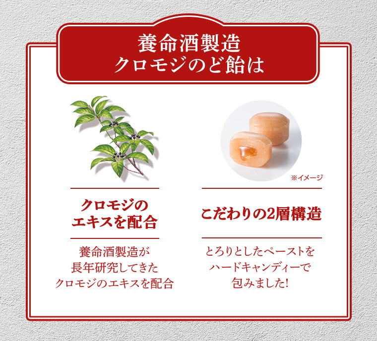養命酒製造クロモジのど飴は、養命酒製造が長年研究してきたクロモジのエキスを配合。こだわりの2層構造。とろりとしたペーストをハードキャンディーで包みました!