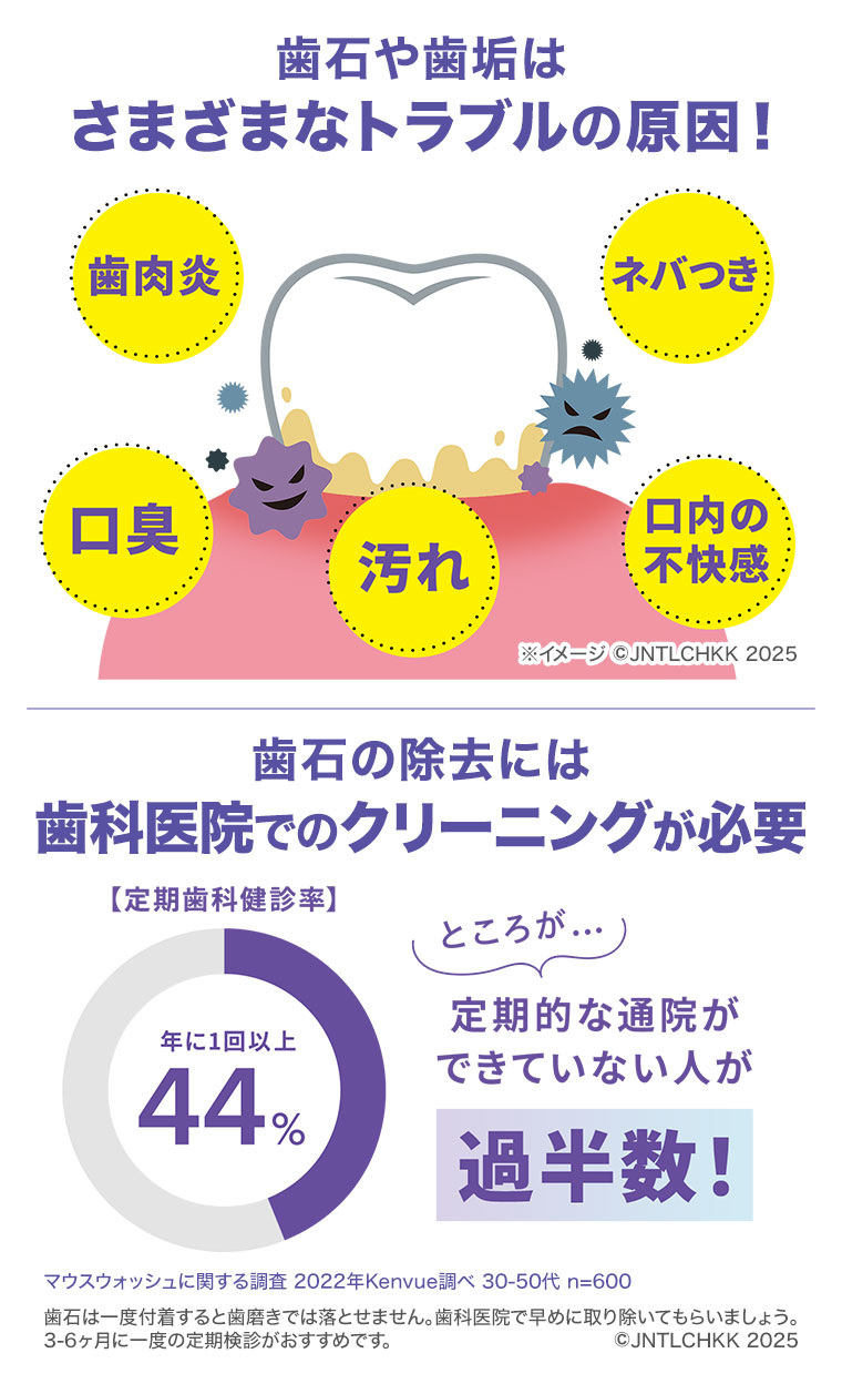 歯石や歯垢はさまざまなトラブルの原因! 歯肉炎。ネバつき。口臭。汚れ。口内の不快感。歯石の除去には歯科医院でのクリーニングが必要。ところが…定期的な通院ができていない人が過半数! グラフ（本画像をご確認ください）。注釈(詳細は本画像をご確認ください)。歯石は一度付着すると歯磨きでは落とせません。歯科医院で早めに取り除いてもらいましょう。3-6ヶ月に一度の定期検診がおすすめです。
