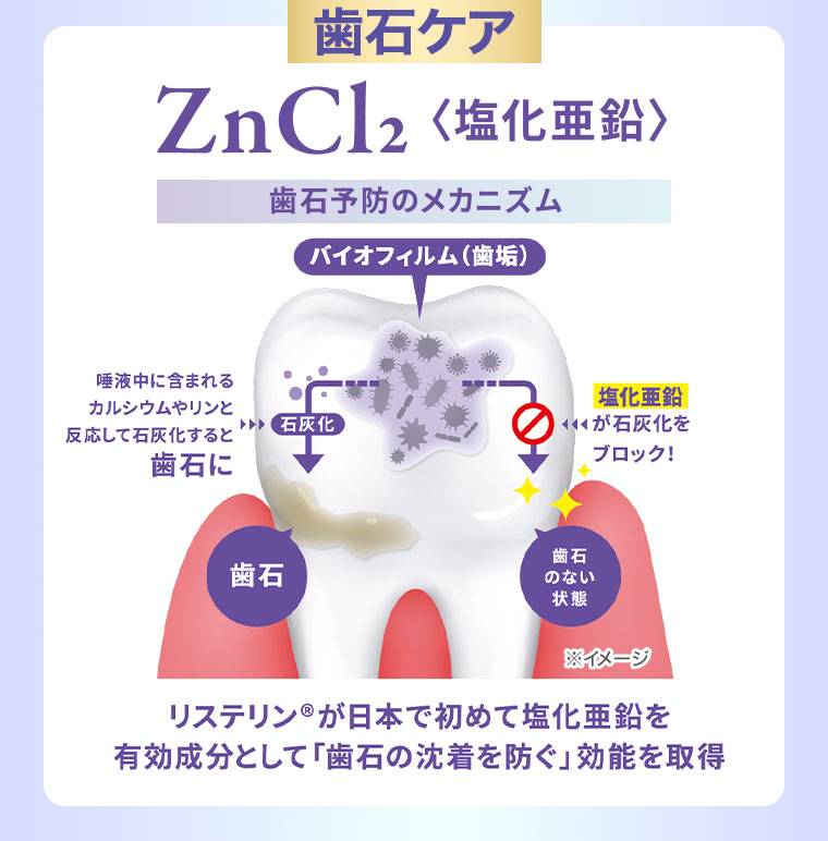 歯石ケア、ZnCl2 塩化亜鉛。歯石予防のメカニズム。図（本画像をご確認ください）。リステリンが日本で初めて塩化亜鉛を有効成分として「歯石の沈着を防ぐ」効能を取得。