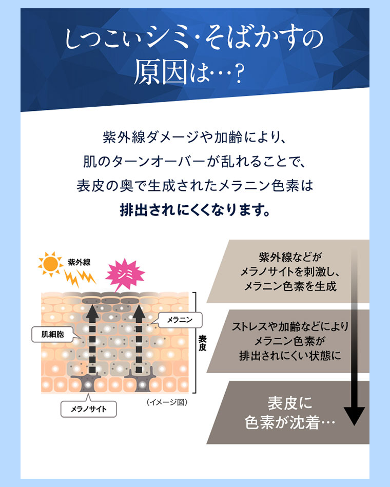 しつこいシミ・そばかすの原因は? 紫外線ダメージや加齢により、肌のターンオーバーが乱れることで、表皮の奥で生成されたメラニン色素は排出されにくくなります。図（本画像をご確認ください）。