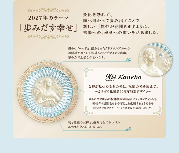 2027年のテーマ。歩みだす幸せ。変化を恐れず、前へ向かって歩み出すことで新しい可能性が花開きますように。未来への、幸せへの願いを込めました。煌めくゴールドと、澄みきったクリスタルブルーの透明感が凛として洗練されたデザインを演出。華やかで上品な佇まいです。女神が見つめるその先に、祝福の光を添えて。カネボウ化粧品90周年特別デザイン。カネボウ化粧品の粉体技術の結晶ミラノコレクション。90周年の節目となる今年は、お化粧するときめきを眩いスワロフスキー・クリスタルで表現しました。花と豊穣の女神と、生命再生のシンボル ユリの花をあしらいました。