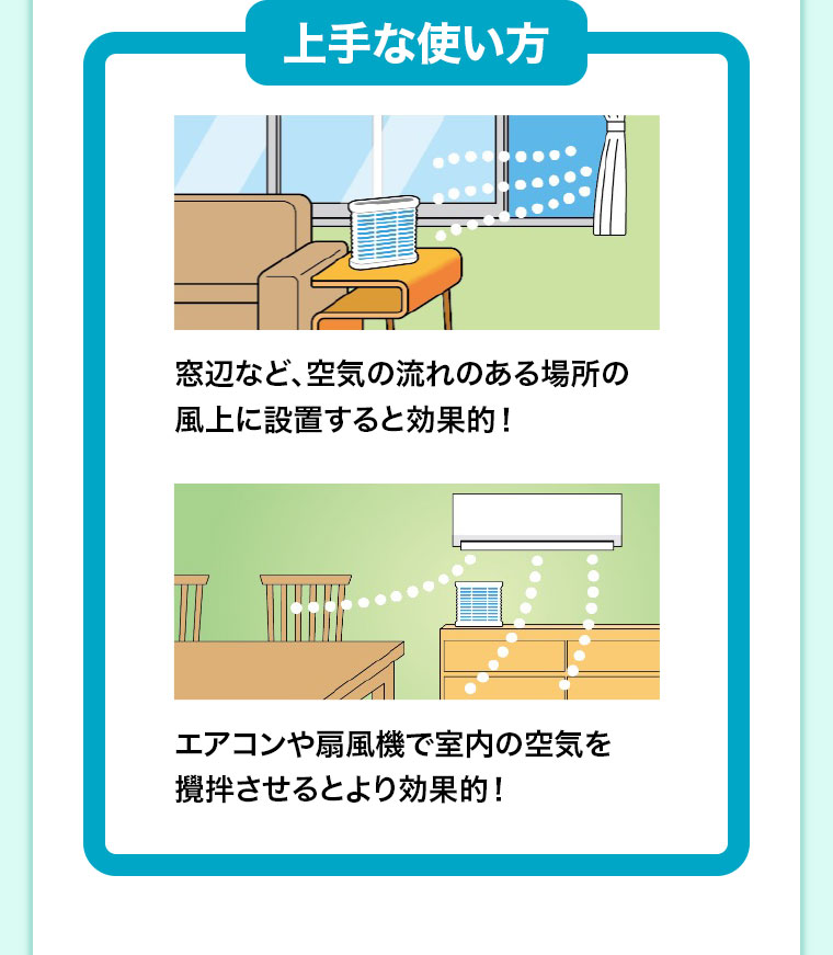 上手な使い方。窓辺など、空気の流れのある場所の風上に設置すると効果的! エアコンや扇風機で室内の空気を攪拌させるとより効果的!