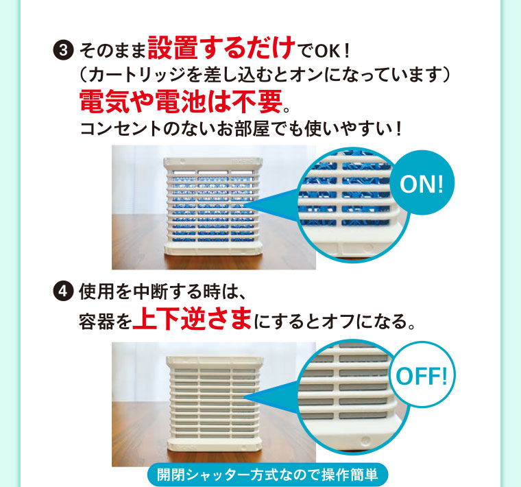 3、そのまま設置するだけでOK!(カートリッジを差し込むとオンになっています)。電気や電池は不要。コンセントのないお部屋でも使いやすい! 4、使用を中断する時は容器を上下逆さまにするとオフになる。開閉シャッター方式なので操作簡単。