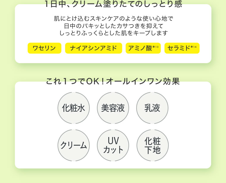 1日中、クリーム塗りたてのしっとり感。肌にとけ込むスキンケアのような使い心地で日中のパキッとしたカサつきを抑えてしっとりふっくらとした肌をキープします。ワセリン、ナイアシンアミド、アミノ酸、セラミド。これ1つでOK!オールインワン効果。化粧水、美容液、乳液、クリーム、UVカット、化粧下地。