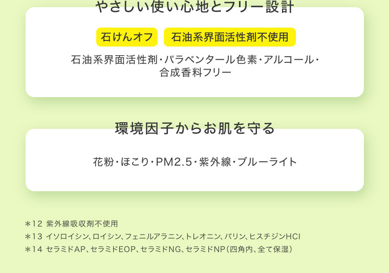 やさしい使い心地とフリー設計。石けんオフ、石油系界面活性剤不使用。石油系界面活性剤・パラベンタール色素・アルコール・合成香料フリー。環境因子からお肌を守る。花粉・ほこり・PM2.5・紫外線・ブルーライト。注釈(詳細は本画像をご確認ください)。
