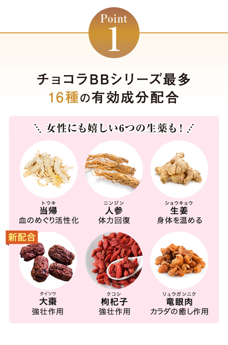 Point1。チョコラBBシリーズ最多、16種の有効成分配合。女性にも嬉しい6つの生薬も！(詳細は本画像をご確認ください)