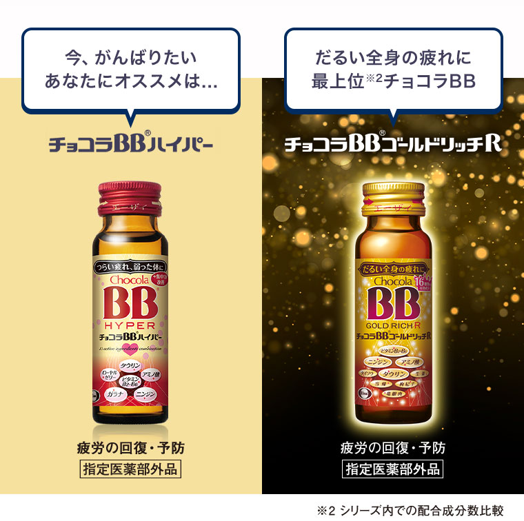 今、がんばりたいあなたにオススメは…。チョコラBBハイパー。だるい全身の疲れに最上位チョコラBB。チョコラBBゴールドリッチR。疲労の回復・予防 指定医薬部外品。注釈(詳細は本画像をご確認ください)。