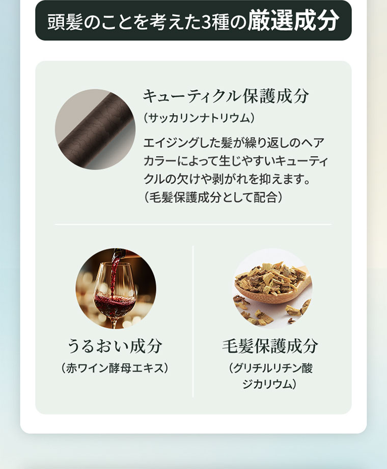 頭髪のことを考えた3種の厳選成分。キューティクル保護成分(サッカリンナトリウム)。エイジングした髪が繰り返しのヘアカラーによって生じやすいキューティクルの欠けや剥がれを抑えます(毛髪保護成分として配合)。うるおい成分(赤ワイン酵母エキス)。毛髪保護成分(グリチルリチン酸ジカリウム)。