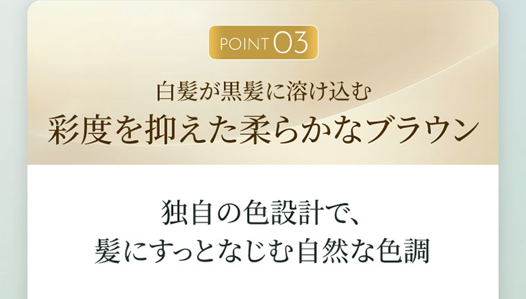 POINT 03、白髪が黒髪に溶け込む。彩度を抑えた柔らかなブラウン。独自の色設計で、髪にすっとなじむ自然な色調。