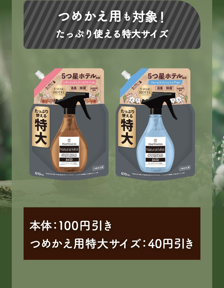 つめかえ用も対象！たっぷり使える特大サイズ 本体：100円引き つめかえ用特大サイズ：40円引き