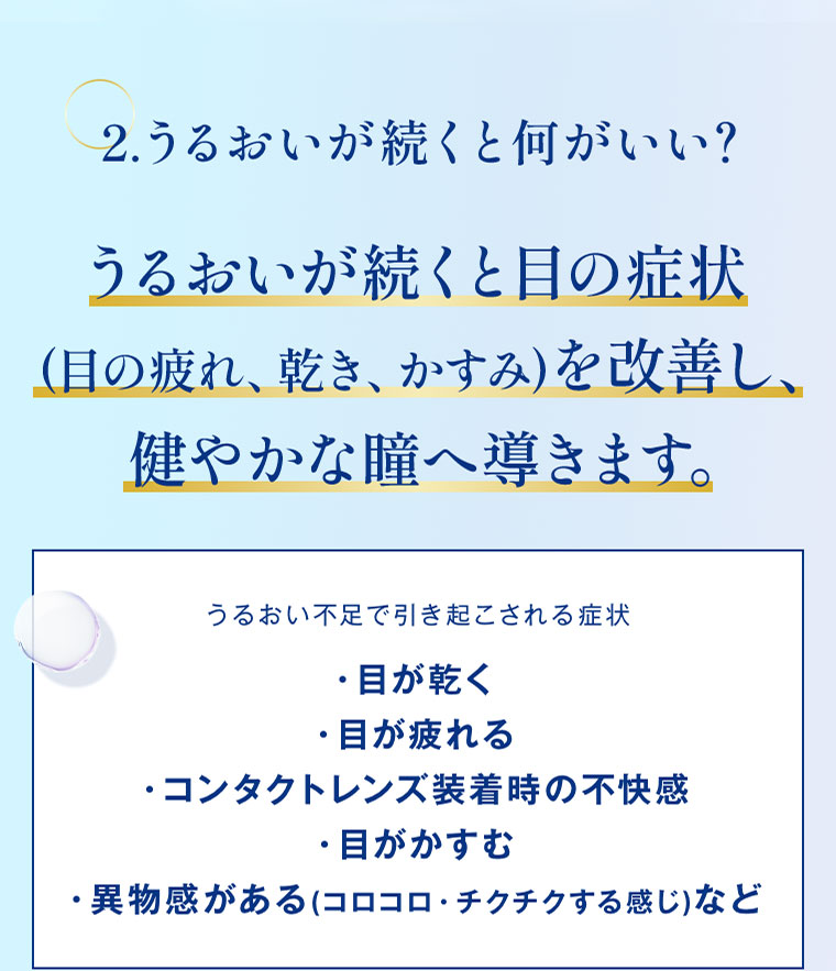 2.うるおいが続くと何がいい？うるおいが続くと目の症状(目の疲れ、乾き、かすみ)を改善し、健やかな瞳へ導きます。うるおい不足で引き起こされる症状。目が乾く。目が疲れる。コンタクトレンズ装着時の不快感。目がかすむ。異物感がある(コロコロ・チクチクする感じ)など。