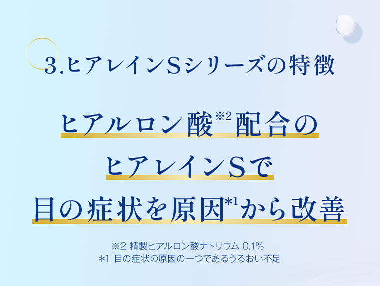 3.ヒアレインSシリーズの特徴。ヒアルロン酸配合のヒアレインSで目の症状を原因から改善。注釈(詳細は本画像をご確認ください)。