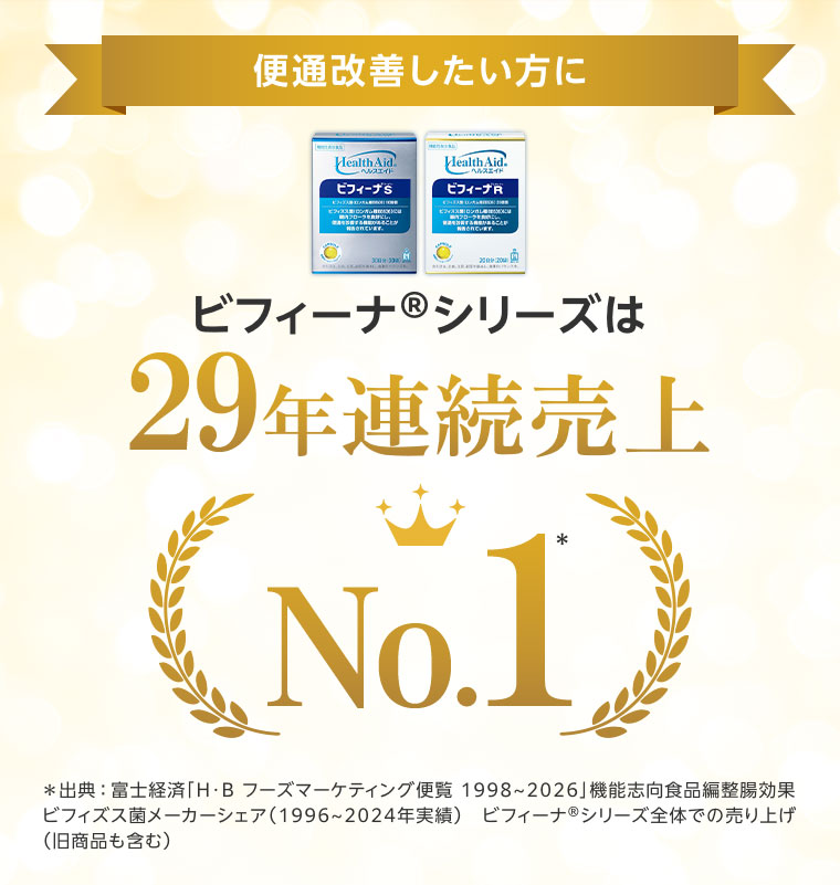 便通改善したい方に。ビフィーナシリーズは29年連続売上No.1。注釈(詳細は本画像をご確認ください)。