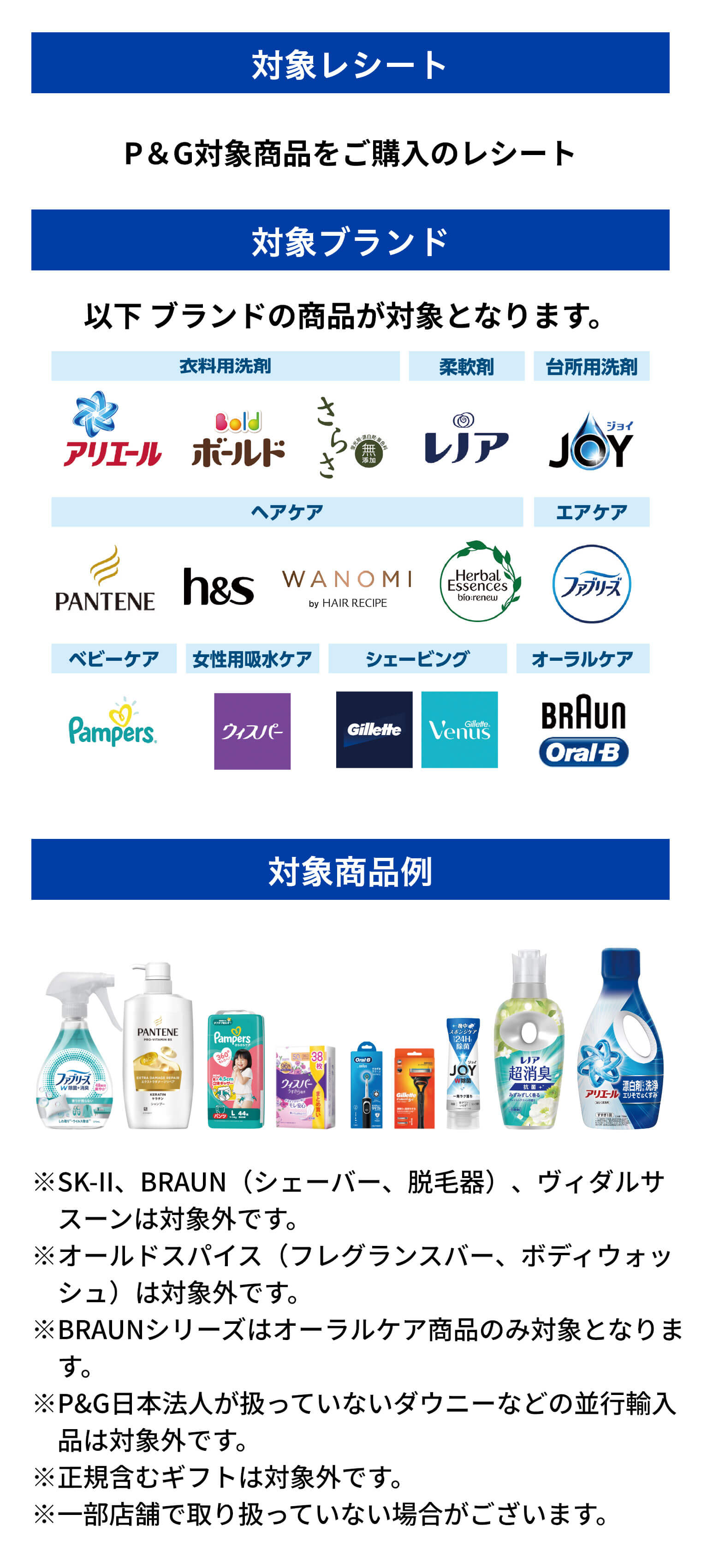 対象レシート　P&G対象商品をご購入のレシート　対象ブランド　以下ブランドの商品が対象となります。　対象商品例