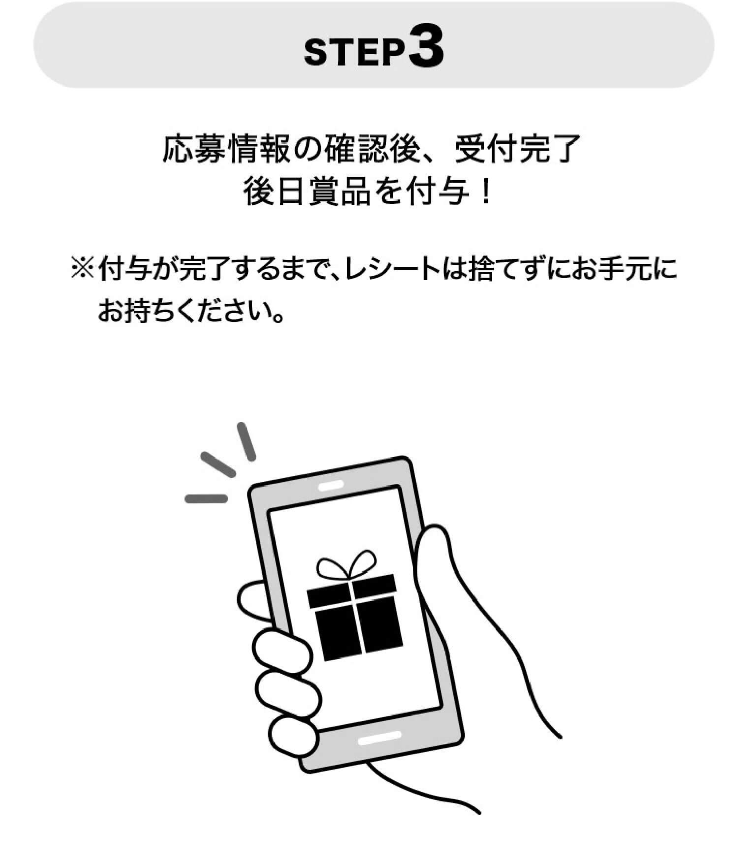 STEP3　応募情報の確認後、受付完了　後日賞品を付与！