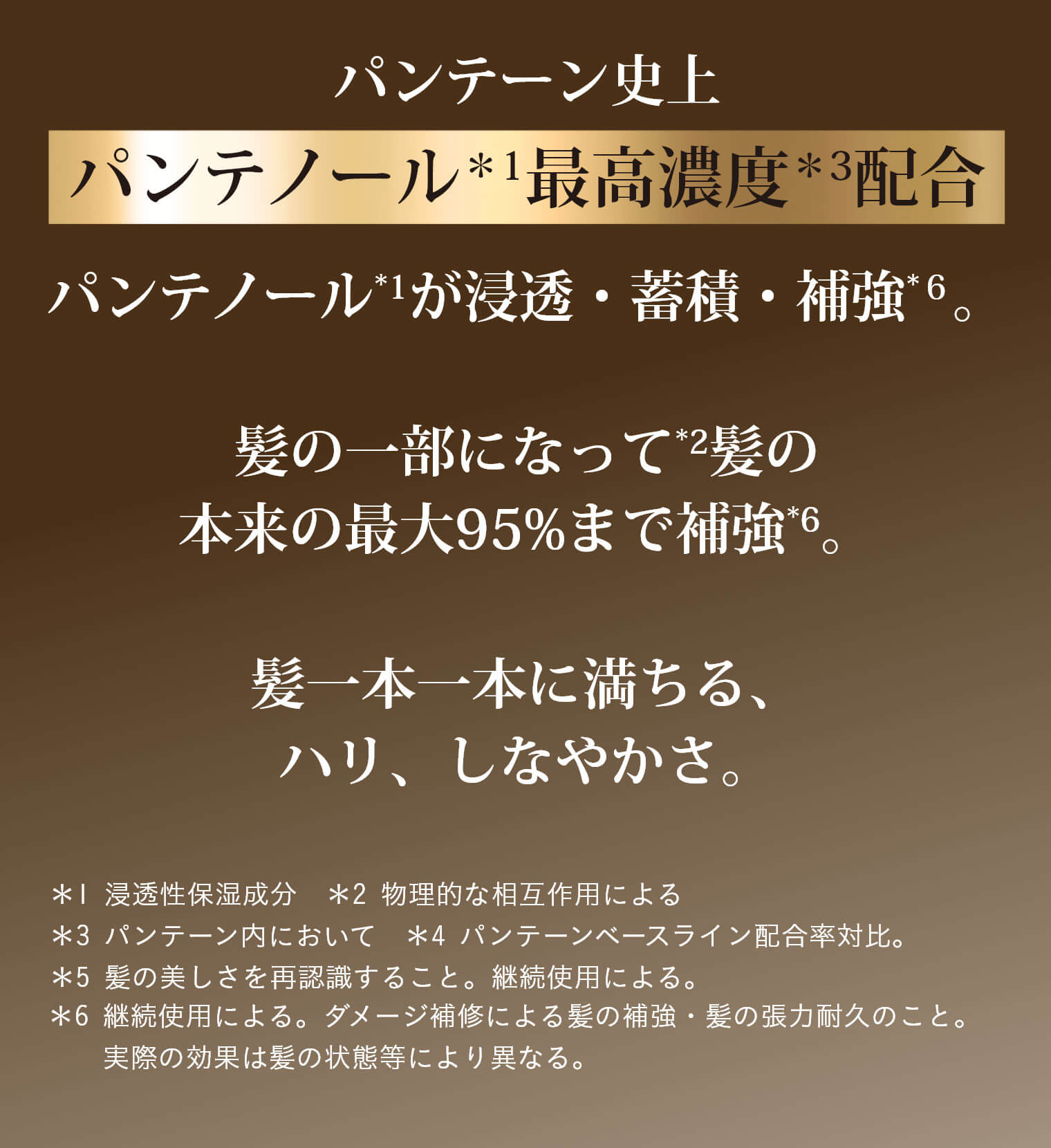パンテーン史上パンテノール最高濃度配合 パンテノールが浸透・蓄積・補強。髪の一部になって髪の本来の最大95％まで補強。髪一本一本に満ちる、ハリ、しなやかさ。
