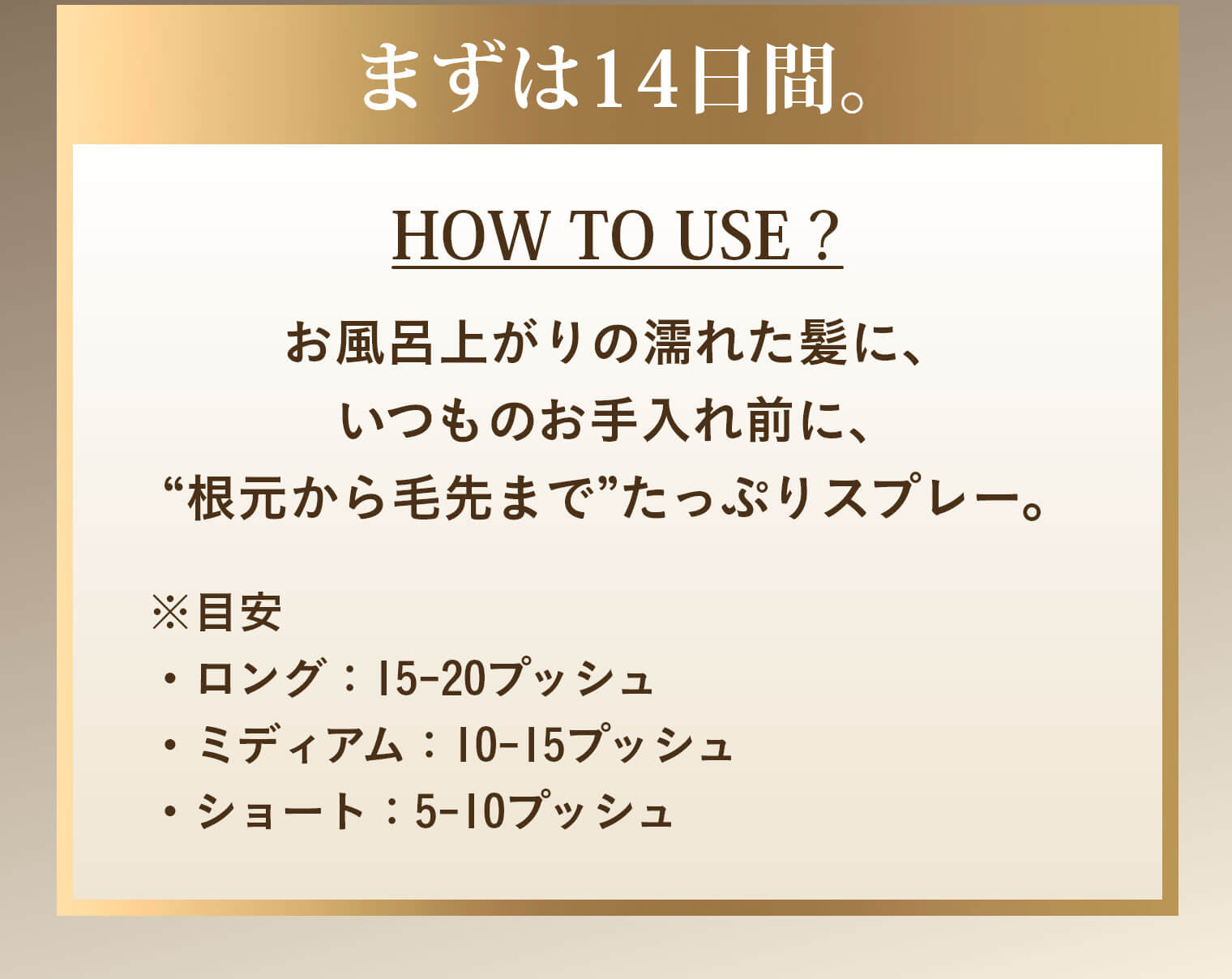 まずは14日間。HOW TO USE？お風呂上がりの濡れた髪に、いつものお手入れ前に“根元から毛先まで”たっぷりスプレー