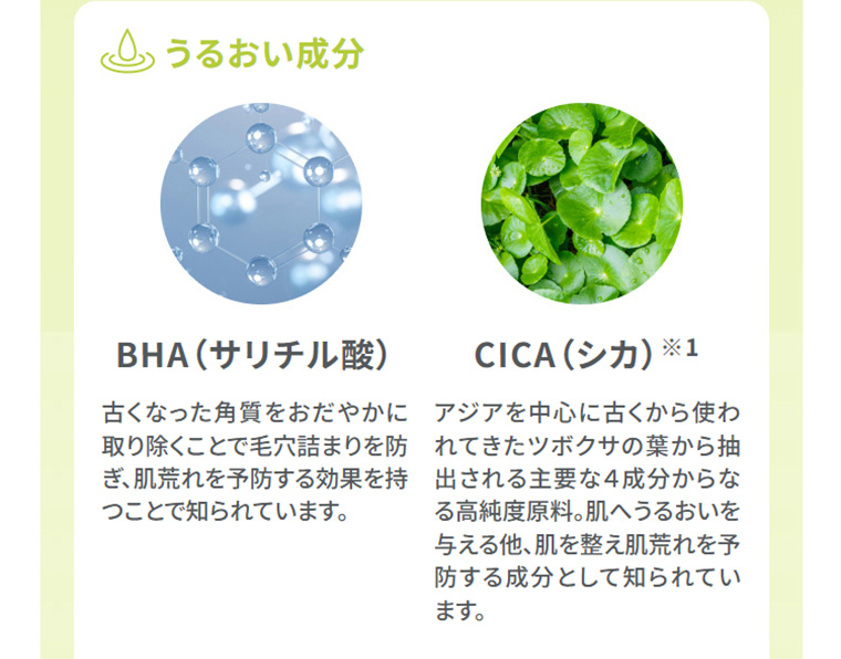 うるおい成分　BHA（サリチル酸）　CICA（シカ）
