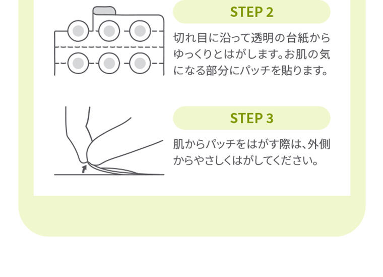 STEP2 切れ目に沿って透明の台紙からゆっくりとはがします。お肌の気になる部分にパッチを貼ります。　STEP3 肌からパッチをはがす際は、外側からやさしくはがしてください。