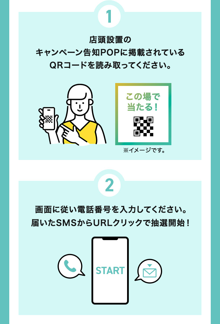 1.店頭設置のキャンペーン告知POPに掲載されているQRコードを読み取ってください。2.画面に従い電話番号を入力してください。届いたSMSからURLクリックで抽選開始。
