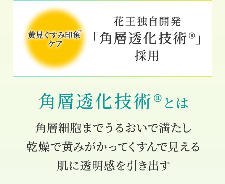 黄見ぐすみ印象ケア。花王独自開発「角層透化技術」採用。角層透化技術とは。角層細胞までうるおいで満たし乾燥で黄みがかってくすんで見える肌に透明感を引き出す。