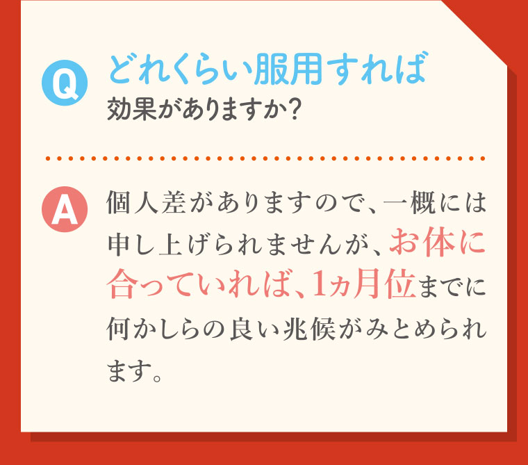 Q.どれくらい服用すれば効果がありますか? A.個人差がありますので、一概には申し上げられませんが、お体に合っていれば、1ヵ月位までに何かしらの良い兆候がみとめられます。