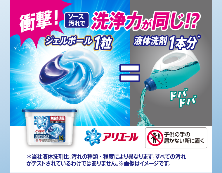 衝撃！ソース汚れで洗浄力が同じ⁉ジェルボール1粒＝液体洗浄1本分