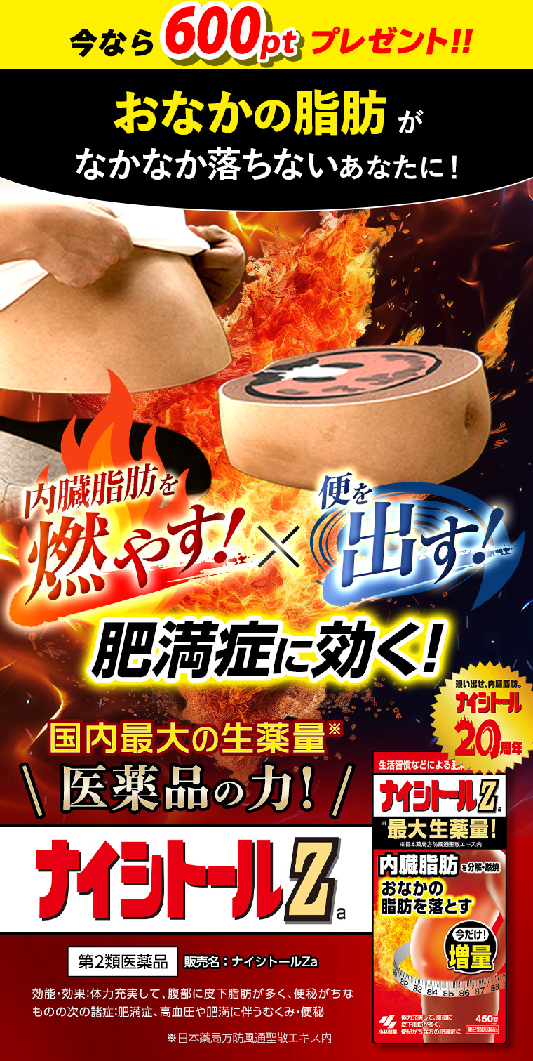 おなかの脂肪がなかなか落ちないあなたに！内臓脂肪を燃やす！便を出す！肥満症に効く！国内最大の生薬量 医薬品の力！ナイシトールZa