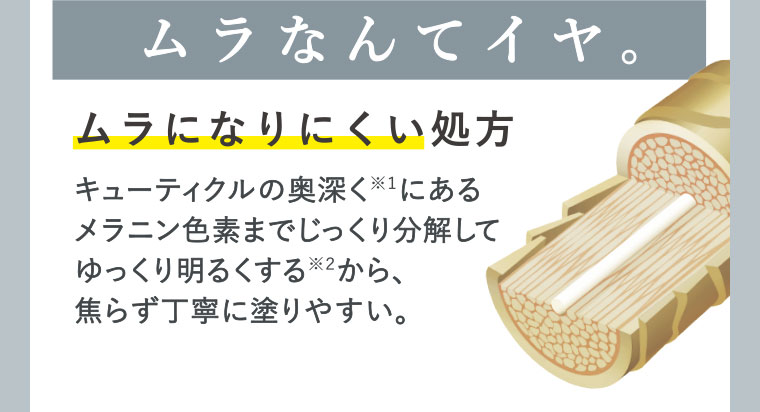 ムラなんてイヤ。ムラになりにくい処方キューティクルの奥深くにあるメラニン色素までじっくり分解してゆっくり明るくするから、焦らず丁寧に塗りやすい。