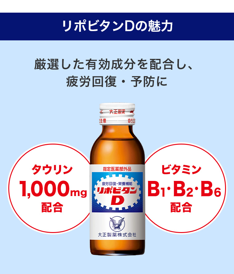 リポビタンDの魅力 厳選した有効成分を配合し、疲労回復・予防に タウリン100mg配合 ビタミンB1・B2・B6配合