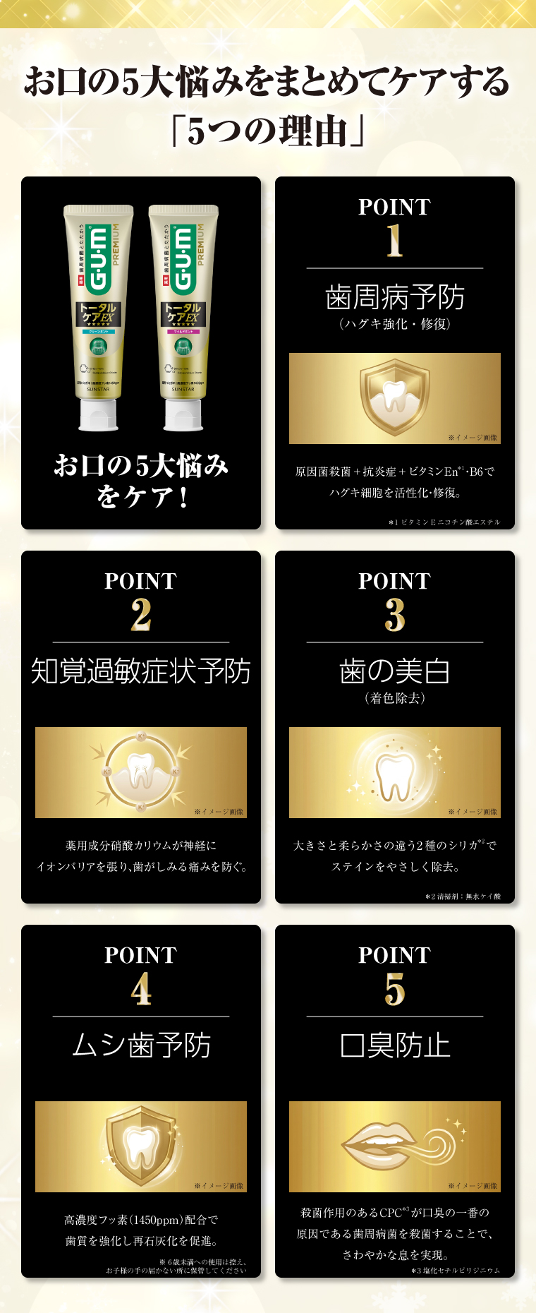 お⼝の5⼤悩みをまとめてケアする「5つの理由」