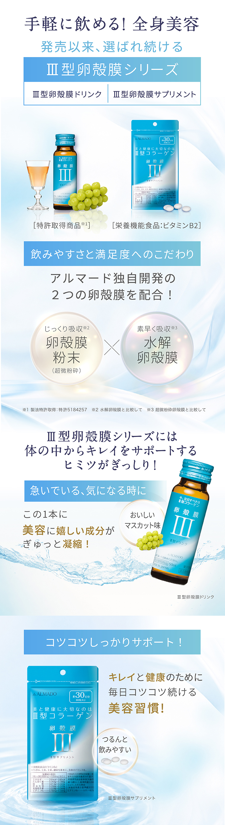Ⅲ型コラーゲンに着目した全身美容ドリンク｜Ⅲ型卵殻膜ドリンク・Ⅲ型卵殻膜サプリメント