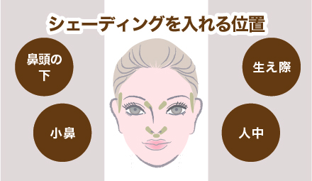 シェーディングを入れる位置は、鼻頭の先・小鼻・人中・生え際