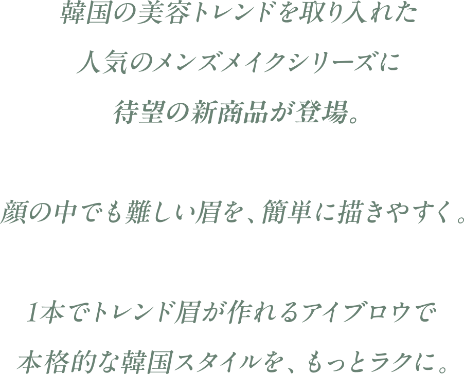 韓国の美容トレンドを取り入れた人気のメンズメイクシリーズに待望の新商品が登場。顔の中でも難しい眉を、簡単に描きやすく。1本でトレンド眉が作れるアイブロウで本格的な韓国スタイルを、もっとラクに。