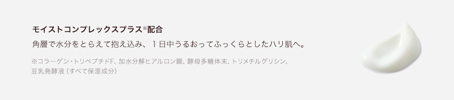 モイストコンプレックスプラス※配合角層で水分をとらえて抱え込み、１日中うるおってふっくらとしたハリ肌へ。