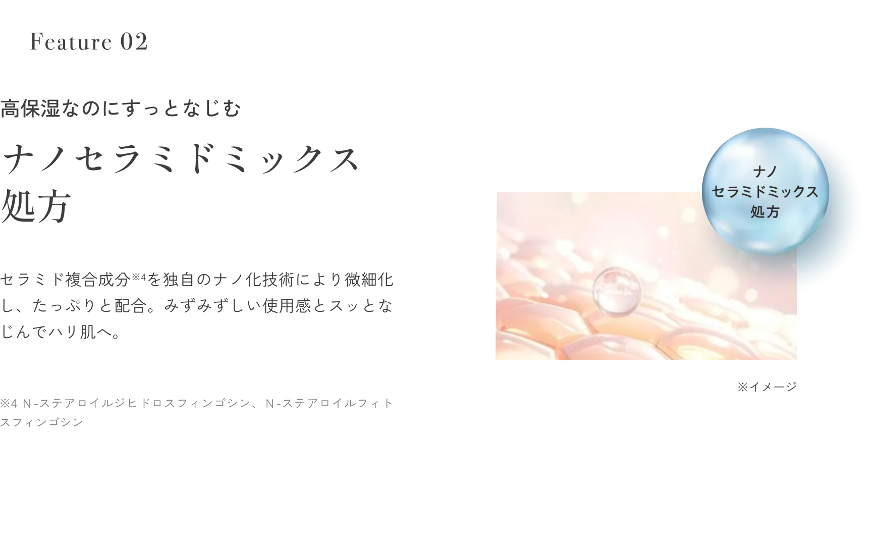 高保湿なのにすっとなじむナノセラミドミックス処方セラミド複合成分※4を独自のナノ化技術により微細化し、たっぷりと配合。みずみずしい使用感とスッとなじんでハリ肌へ。※4 Ｎ-ステアロイルジヒドロスフィンゴシン、Ｎ-ステアロイルフィトスフィンゴシン